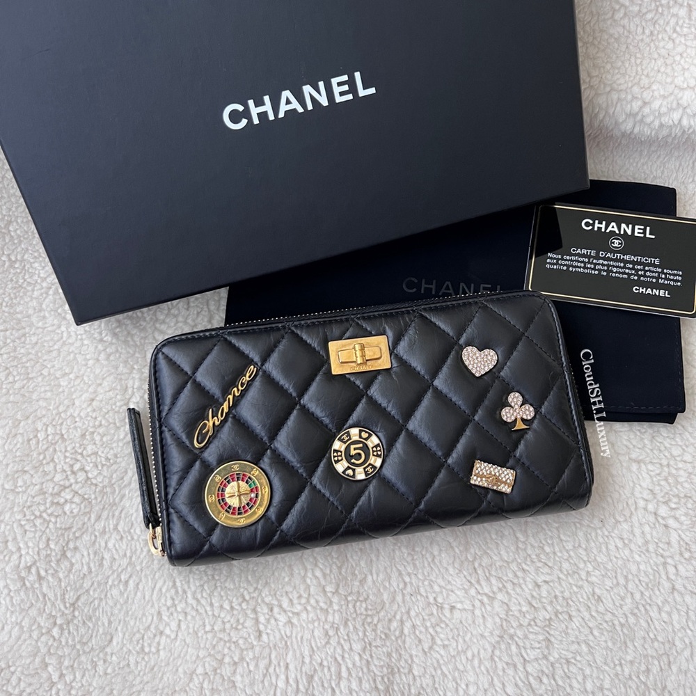 Auth Chanel 16P Casino Lucky Charms Reissue Black Long Zip Wallet - Rare Limited